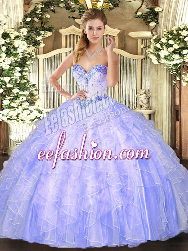  Lavender Sleeveless Organza Lace Up Quinceanera Dresses for Military Ball and Sweet 16 and Quinceanera