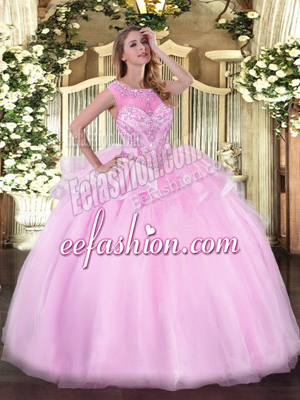Attractive Sleeveless Floor Length Beading Zipper Quinceanera Gowns with Pink 