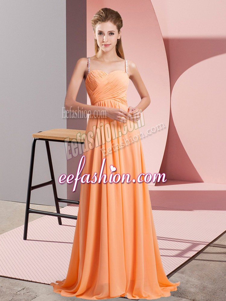  Orange Red Empire Spaghetti Straps Sleeveless Chiffon Floor Length Backless Beading Prom Evening Gown