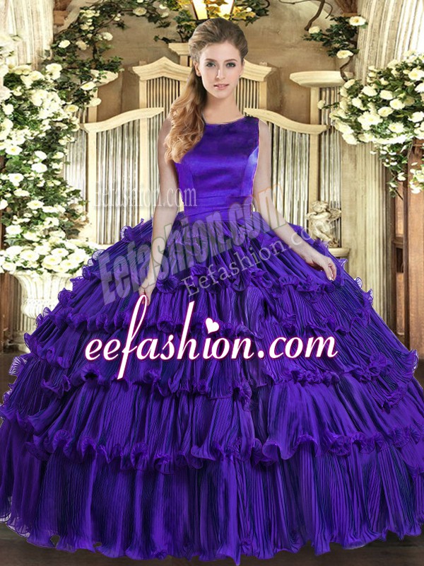 Fantastic Purple Quinceanera Gown Military Ball and Sweet 16 and Quinceanera with Ruffled Layers Scoop Sleeveless Lace Up