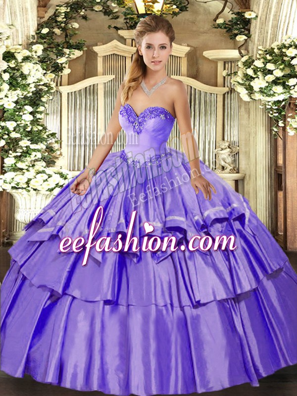 Organza and Taffeta Sweetheart Sleeveless Lace Up Beading and Ruffled Layers Quince Ball Gowns in Lavender