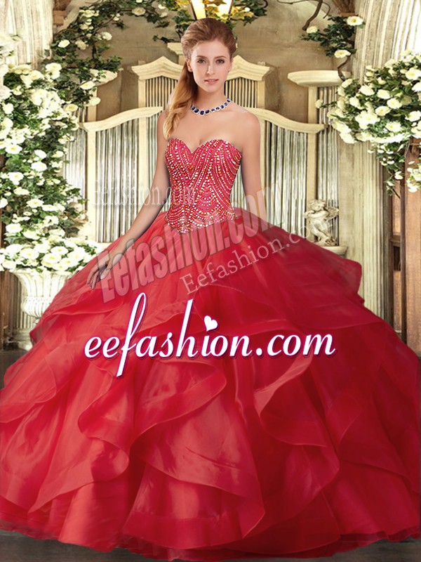  Sleeveless Tulle Floor Length Lace Up 15th Birthday Dress in Red with Beading and Ruffles