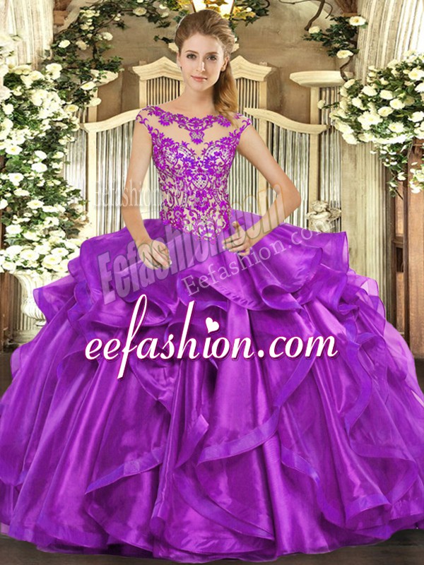 Deluxe Eggplant Purple Sweet 16 Quinceanera Dress Sweet 16 and Quinceanera with Appliques and Ruffles Scoop Cap Sleeves Lace Up