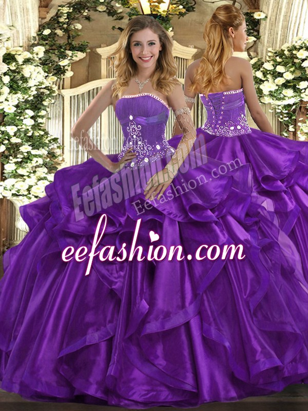  Purple Lace Up Ball Gown Prom Dress Beading and Ruffles Sleeveless Floor Length