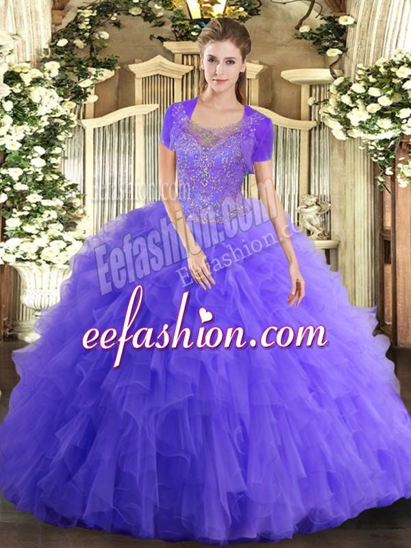 Hot Sale Lavender Sleeveless Floor Length Beading and Ruffled Layers Clasp Handle Quince Ball Gowns