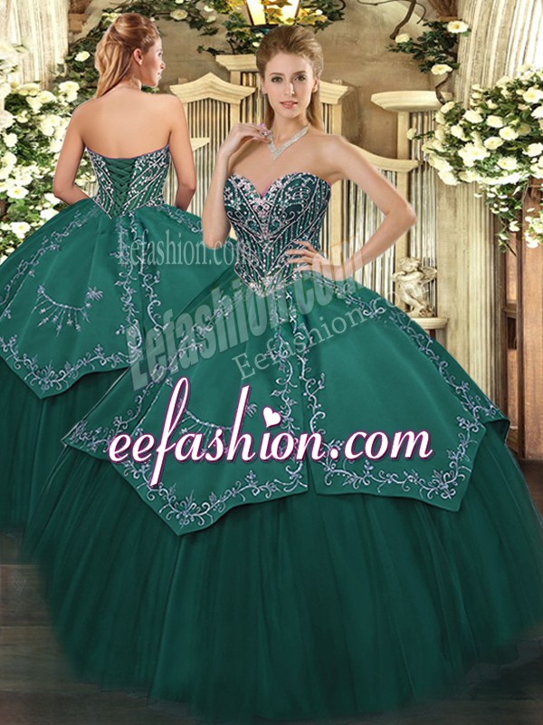  Sleeveless Taffeta and Tulle Floor Length Lace Up Quinceanera Dress in Dark Green with Beading and Embroidery