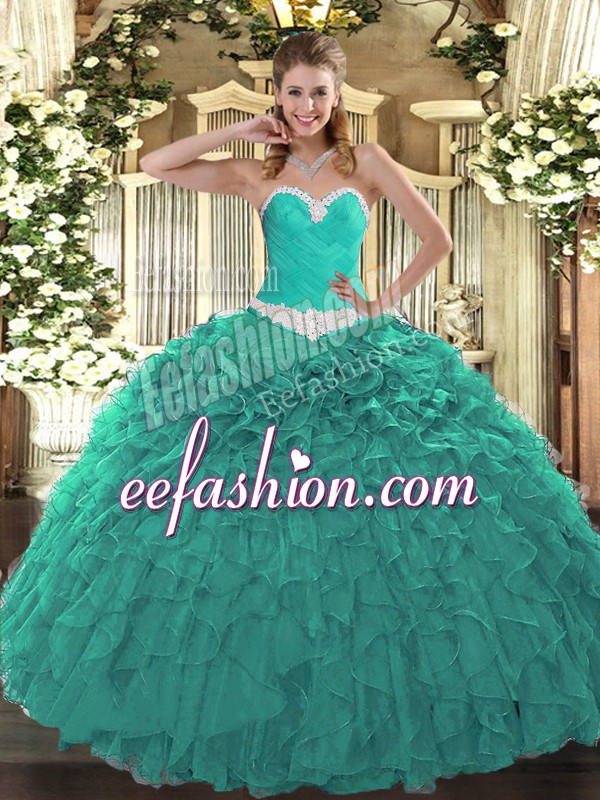  Turquoise Sleeveless Organza Lace Up Sweet 16 Quinceanera Dress for Military Ball and Sweet 16 and Quinceanera