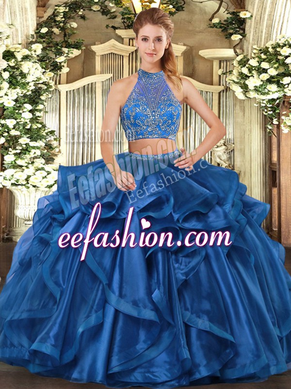 Discount Blue Sleeveless Organza Criss Cross Sweet 16 Dress for Military Ball and Sweet 16 and Quinceanera