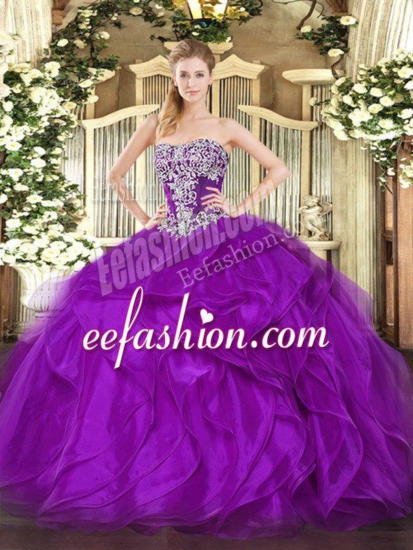  Floor Length Purple Ball Gown Prom Dress Strapless Sleeveless Lace Up