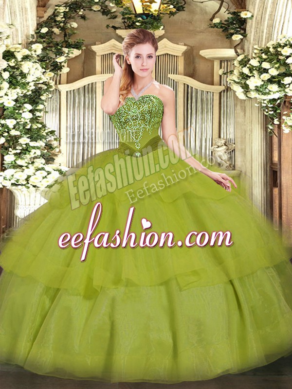  Olive Green Quinceanera Dress Military Ball and Sweet 16 and Quinceanera with Beading and Ruffled Layers Strapless Sleeveless Lace Up