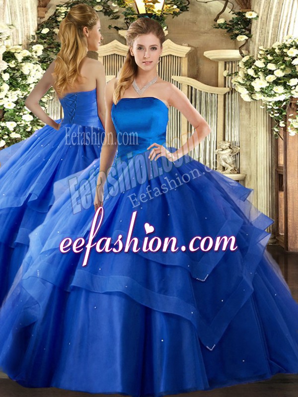 Noble Royal Blue Strapless Lace Up Ruffled Layers Quinceanera Dress Sleeveless
