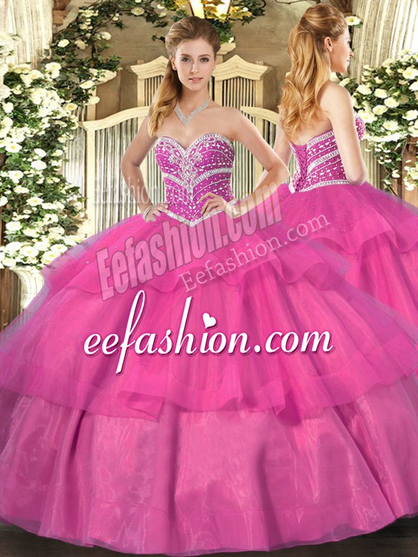 Luxurious Sweetheart Sleeveless Lace Up Sweet 16 Quinceanera Dress Hot Pink Tulle