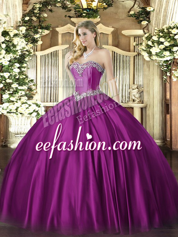  Floor Length Lace Up Quinceanera Gown Fuchsia for Military Ball and Sweet 16 and Quinceanera with Beading
