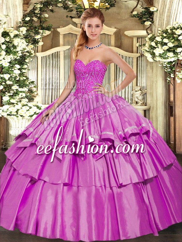  Lilac Organza and Taffeta Lace Up Sweetheart Sleeveless Floor Length 15th Birthday Dress Beading and Ruffled Layers