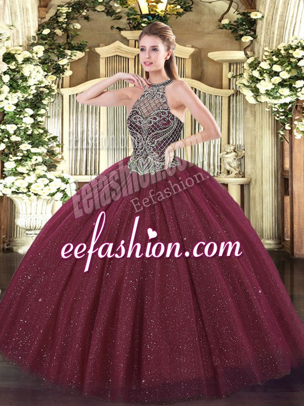  Burgundy Lace Up Sweetheart Beading Quinceanera Dress Tulle Sleeveless