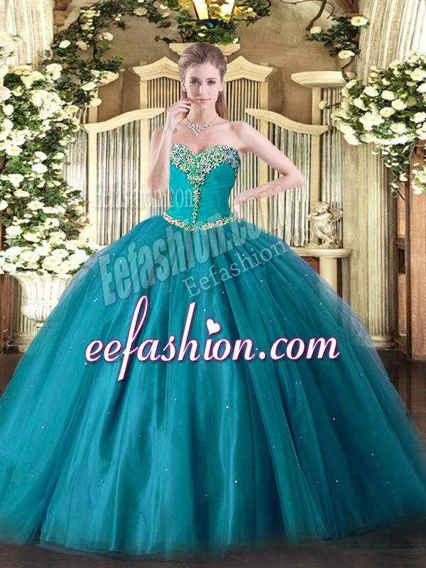  Sleeveless Floor Length Beading Lace Up Quinceanera Dress with Teal 