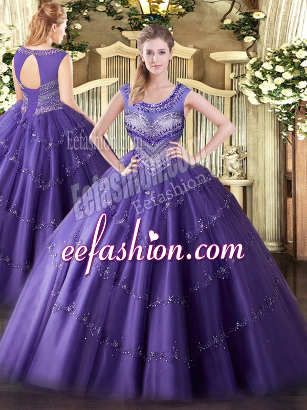 Modern Floor Length Purple Quinceanera Dress Scoop Sleeveless Lace Up