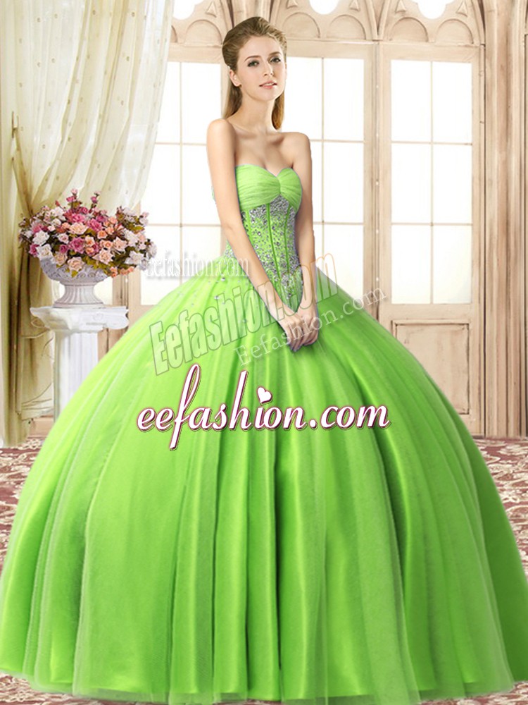  Tulle Lace Up Sweetheart Sleeveless Floor Length 15 Quinceanera Dress Beading