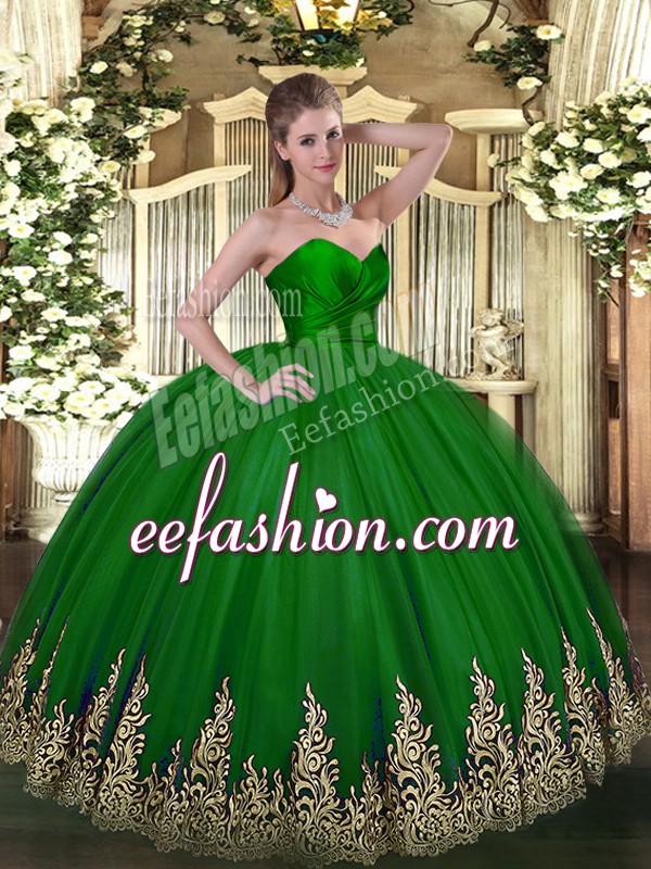  Sleeveless Floor Length Appliques Zipper 15th Birthday Dress with Green