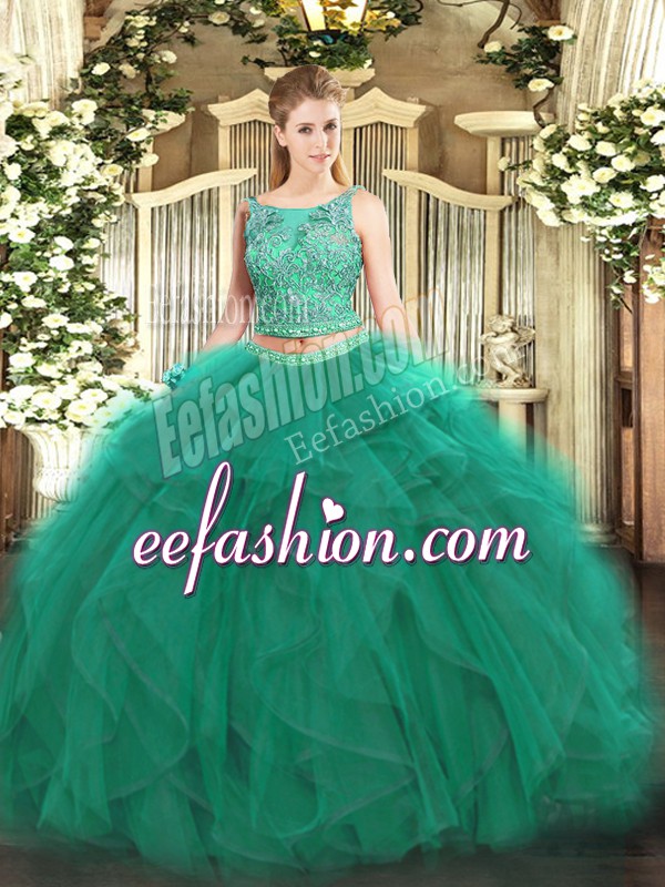  Turquoise Sleeveless Tulle Lace Up Sweet 16 Dress for Military Ball and Sweet 16 and Quinceanera