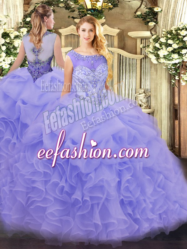 Top Selling Scoop Sleeveless Zipper 15th Birthday Dress Lavender Organza