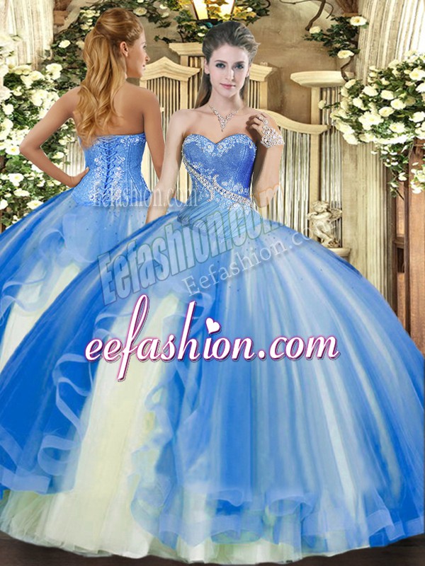Classical Ball Gowns Sweet 16 Quinceanera Dress Baby Blue Sweetheart Tulle Sleeveless Floor Length Lace Up