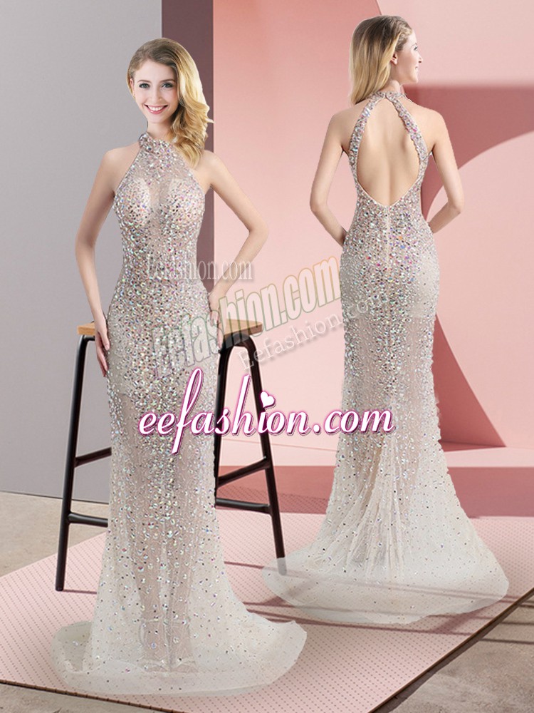 Traditional Sleeveless Sweep Train Beading Backless Prom Evening Gown