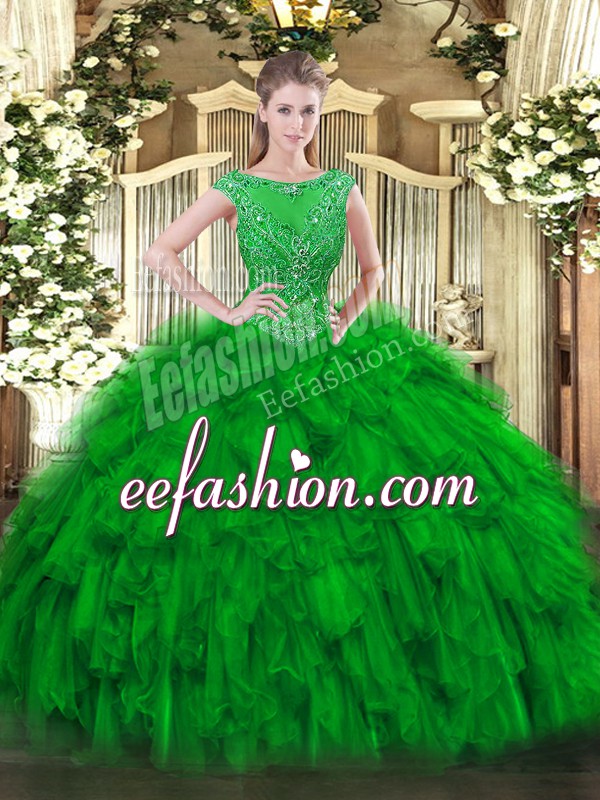  Green Sleeveless Floor Length Beading and Ruffles Zipper Quinceanera Gown
