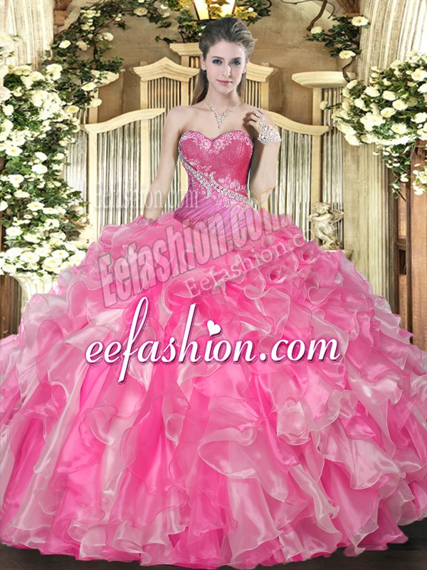 Delicate Hot Pink Ball Gowns Sweetheart Sleeveless Organza Floor Length Lace Up Beading and Ruffles Sweet 16 Quinceanera Dress