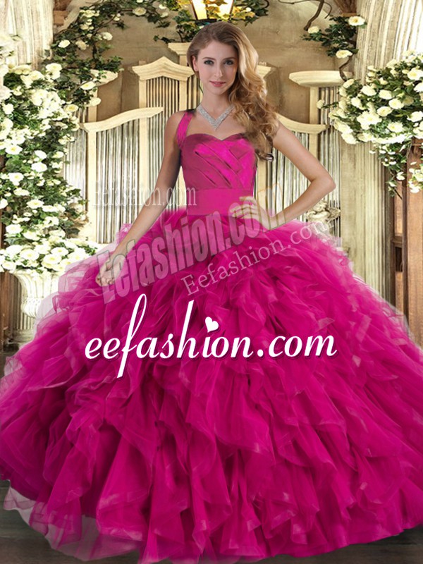  Fuchsia Halter Top Neckline Ruffles Sweet 16 Dress Sleeveless Lace Up