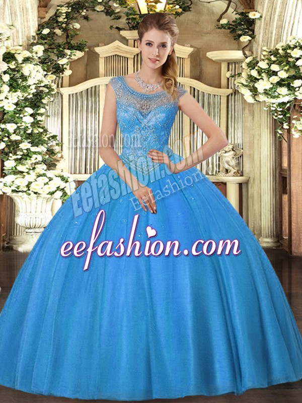 Low Price Sleeveless Tulle Lace Up Quinceanera Gown in Baby Blue with Beading