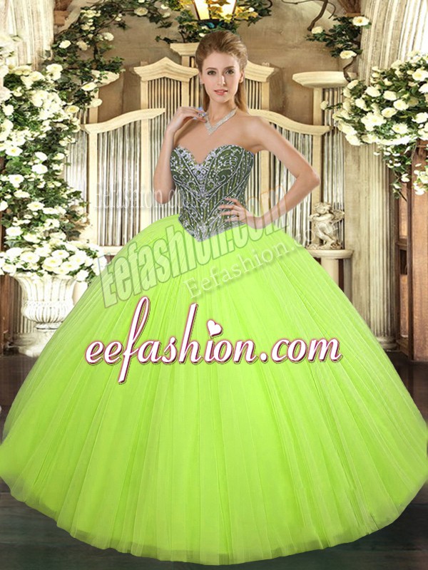 Beauteous Yellow Green Sweetheart Neckline Beading Quinceanera Gowns Sleeveless Lace Up