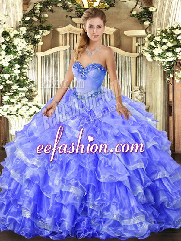 Top Selling Floor Length Blue 15th Birthday Dress Organza Sleeveless Beading and Ruffled Layers