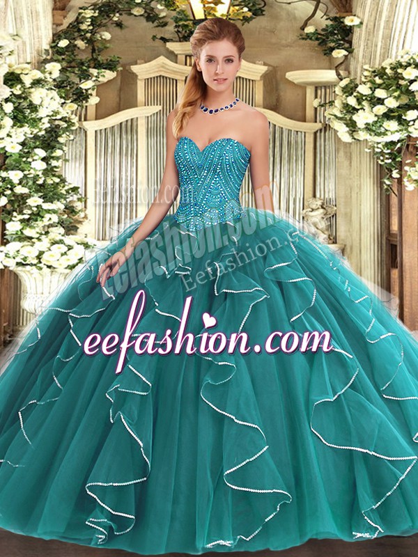 Fabulous Teal Tulle Lace Up Sweetheart Sleeveless Floor Length 15 Quinceanera Dress Beading and Ruffles