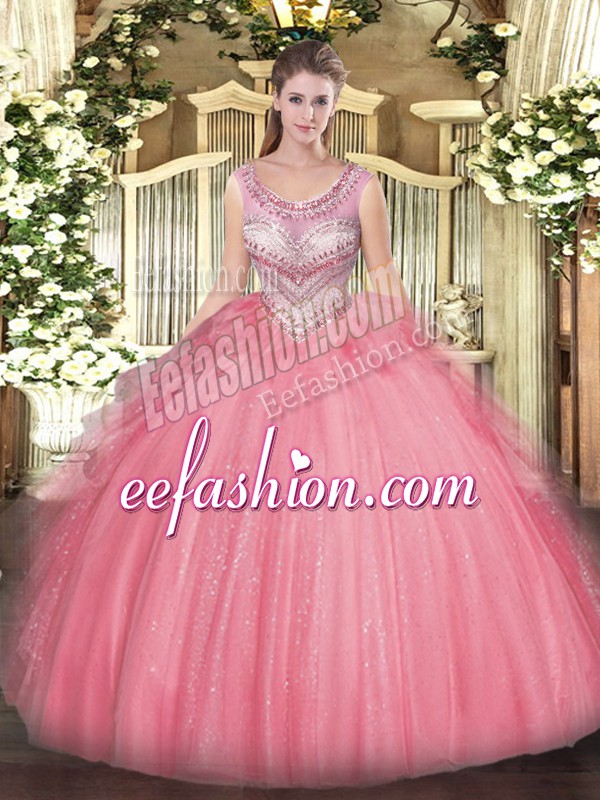 Artistic Watermelon Red Quince Ball Gowns Military Ball and Sweet 16 and Quinceanera with Beading and Ruffles Scoop Sleeveless Lace Up