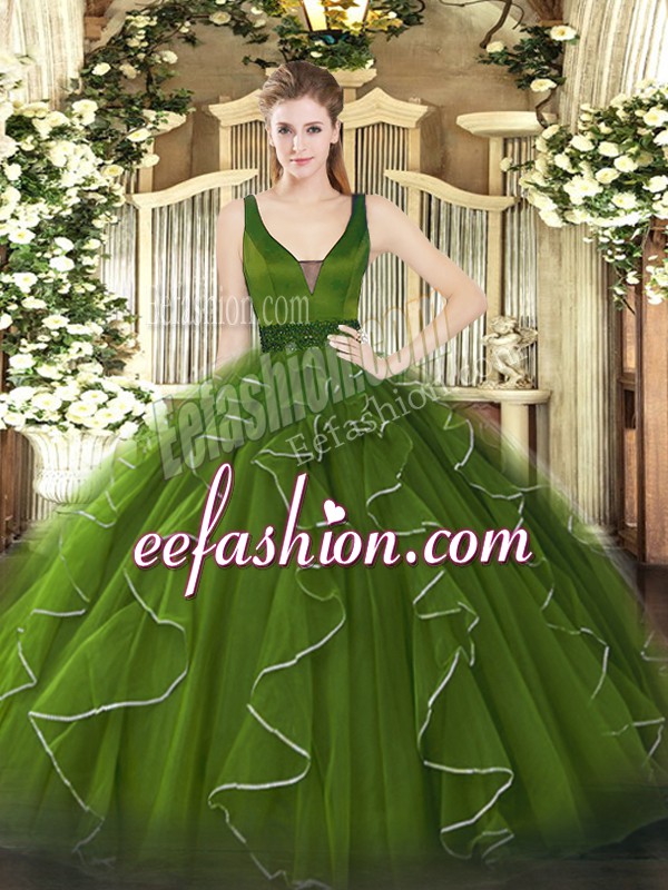Dramatic Floor Length Olive Green Quinceanera Dress Straps Sleeveless Lace Up