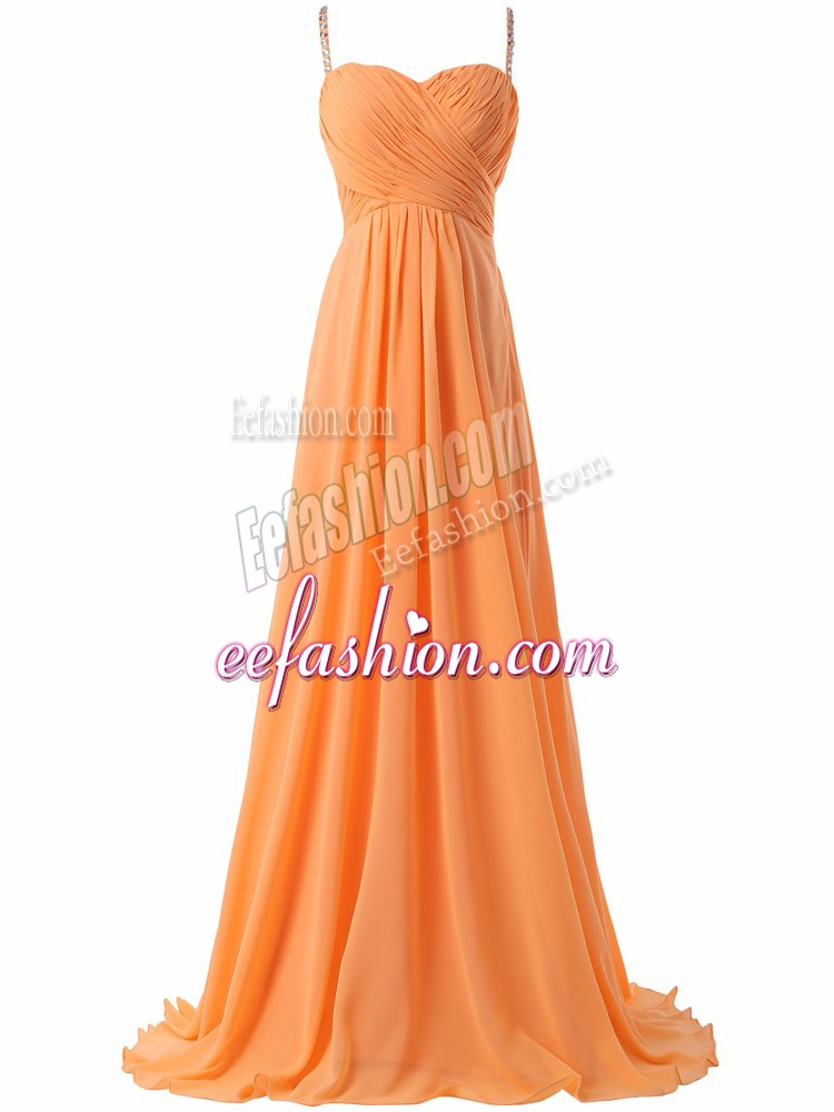 Stunning Orange Spaghetti Straps Criss Cross Ruching Dress for Prom Sweep Train Sleeveless