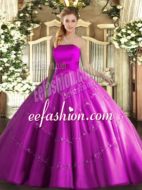 Classical Tulle Strapless Sleeveless Lace Up Appliques Sweet 16 Dresses in Fuchsia