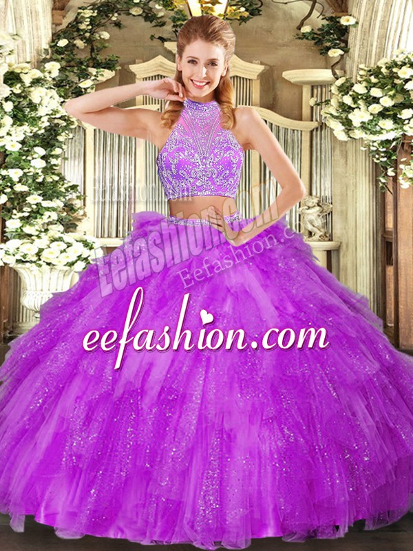  Tulle Halter Top Sleeveless Criss Cross Beading and Ruffles Quinceanera Dresses in Fuchsia