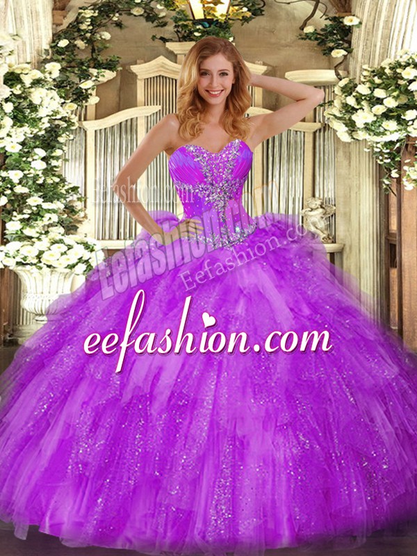 High Quality Organza Sweetheart Sleeveless Lace Up Beading and Ruffles Sweet 16 Quinceanera Dress in Eggplant Purple