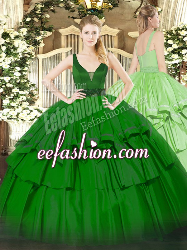 Enchanting Sleeveless Organza Floor Length Zipper Quinceanera Dress in Green with Beading and Ruffled Layers