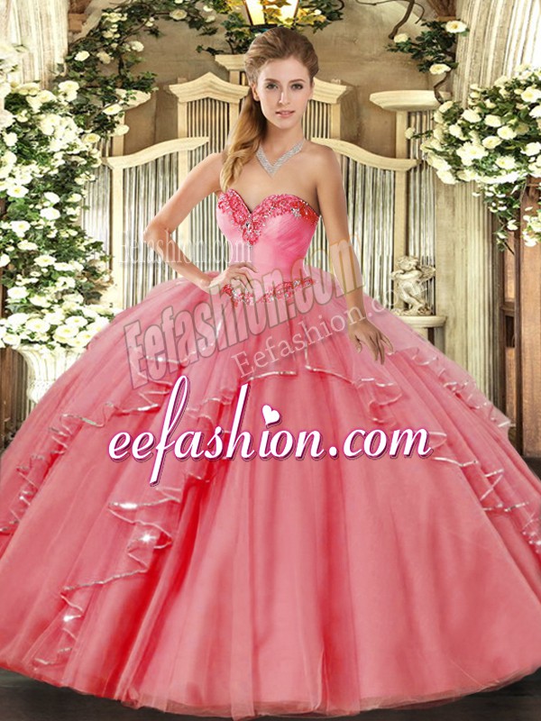  Tulle Sweetheart Sleeveless Lace Up Beading and Ruffled Layers Quinceanera Gown in Watermelon Red