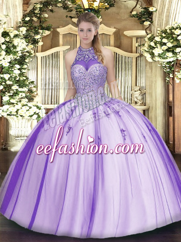  Sleeveless Floor Length Beading and Appliques Lace Up Ball Gown Prom Dress with Lavender