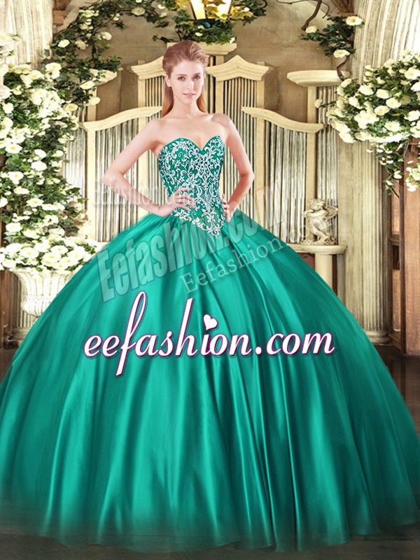  Turquoise Satin Lace Up Quinceanera Dresses Sleeveless Floor Length Beading