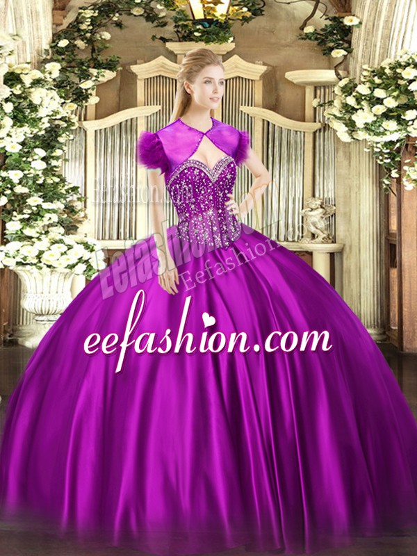  Fuchsia Sleeveless Floor Length Beading Lace Up Sweet 16 Quinceanera Dress