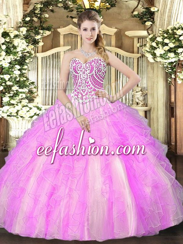 Custom Fit Lilac Quince Ball Gowns Military Ball and Sweet 16 and Quinceanera with Beading and Ruffles Sweetheart Sleeveless Lace Up