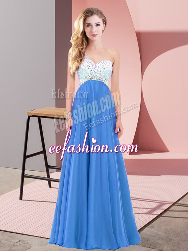  Blue Empire One Shoulder Sleeveless Chiffon Floor Length Criss Cross Beading Prom Party Dress