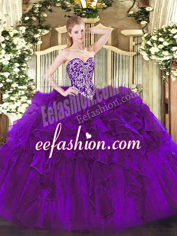  Organza Sweetheart Sleeveless Lace Up Beading and Ruffles Sweet 16 Dress in Purple