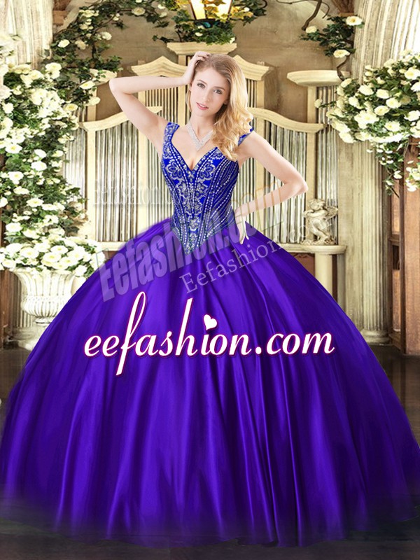 Sumptuous Floor Length Purple Sweet 16 Quinceanera Dress Satin Sleeveless Beading