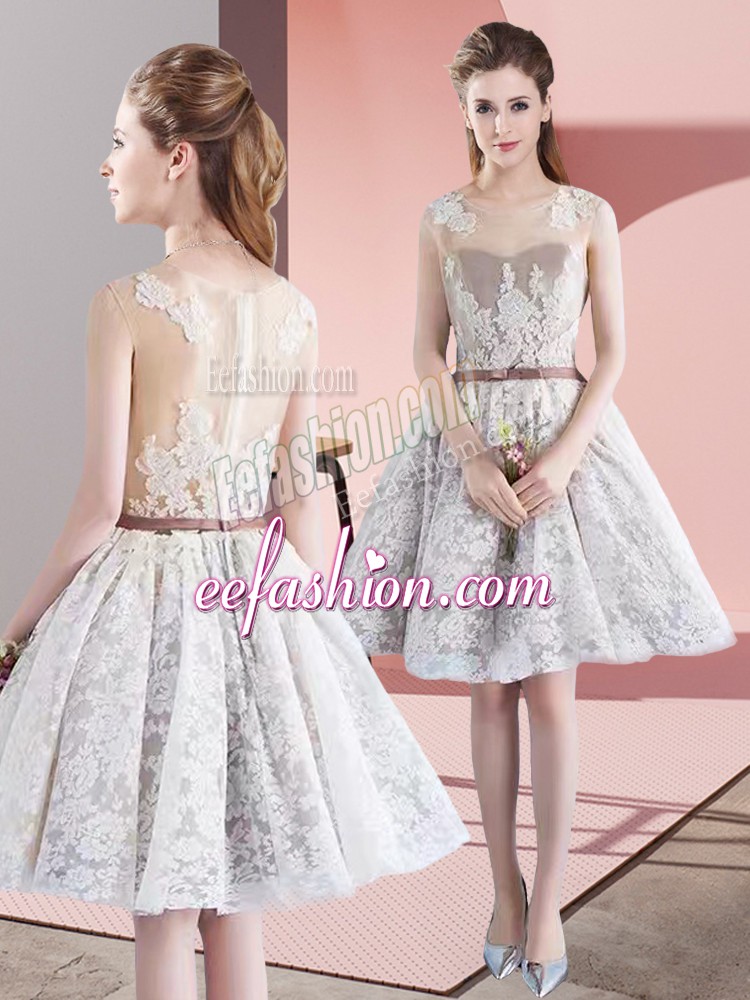  White Prom and Party with Appliques and Belt Scoop Sleeveless Zipper
